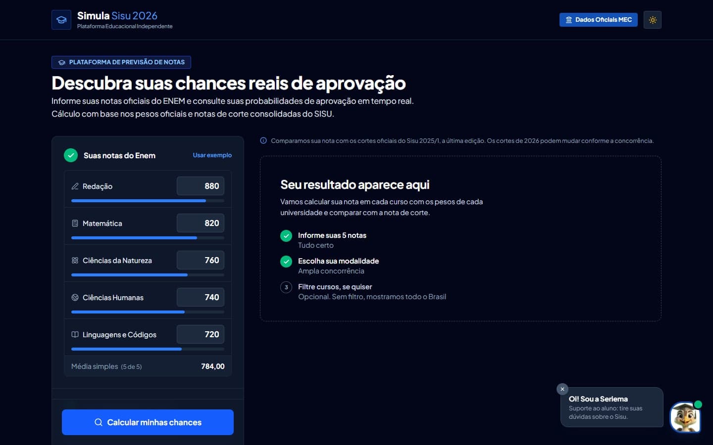 Tela do Simula Sisu com as notas do Enem preenchidas